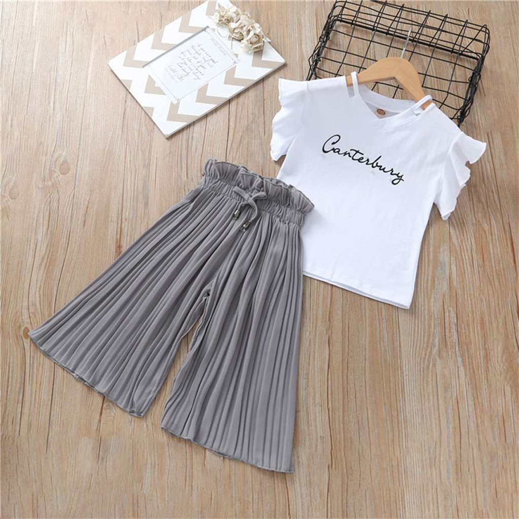 Children Clothing Set Kids Baby Girls Letter T Shirt Tops+Ruffle Loose Pants Outfits Costume Girls Fashion Leisure Clothes C850#