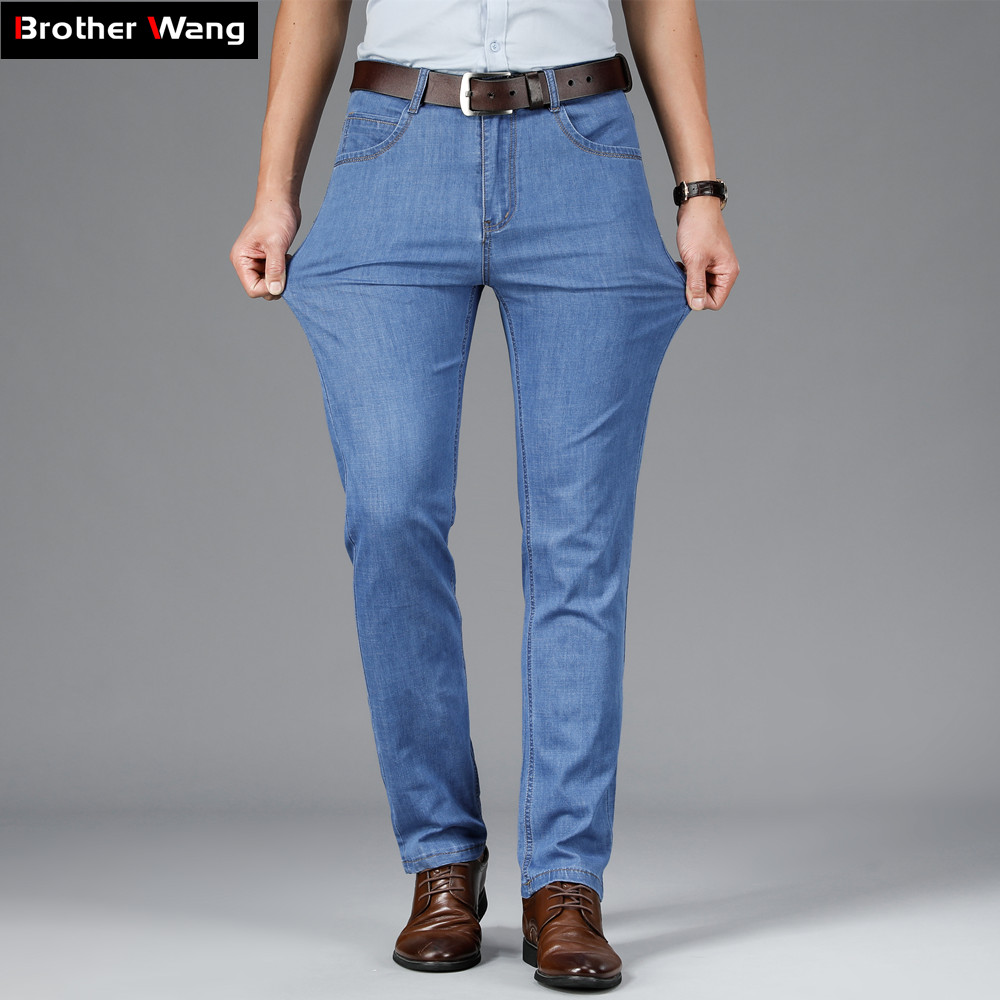 Classic Style Summer Men Ultra-thin Jeans Business Casual Light Blue Stretch Cotton Jeans Male Brand Trousers