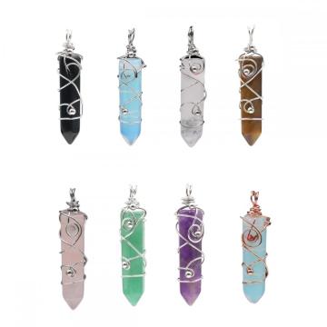 Gemstone Hexagon Point Copper Wire Wrapped Pendant Natural Stone Crystal Hexagon Charm Pendants for DIY Jewelry Making Gift