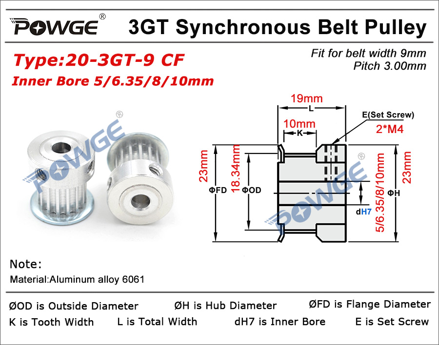 POWGE 1pcs 20 Teeth 3GT Timing Pulley Bore 5mm 6.35mm 8mm for width 9mm 3MGT GT3 Open Synchronous Belt 3GT Belt 20T 20Teeth