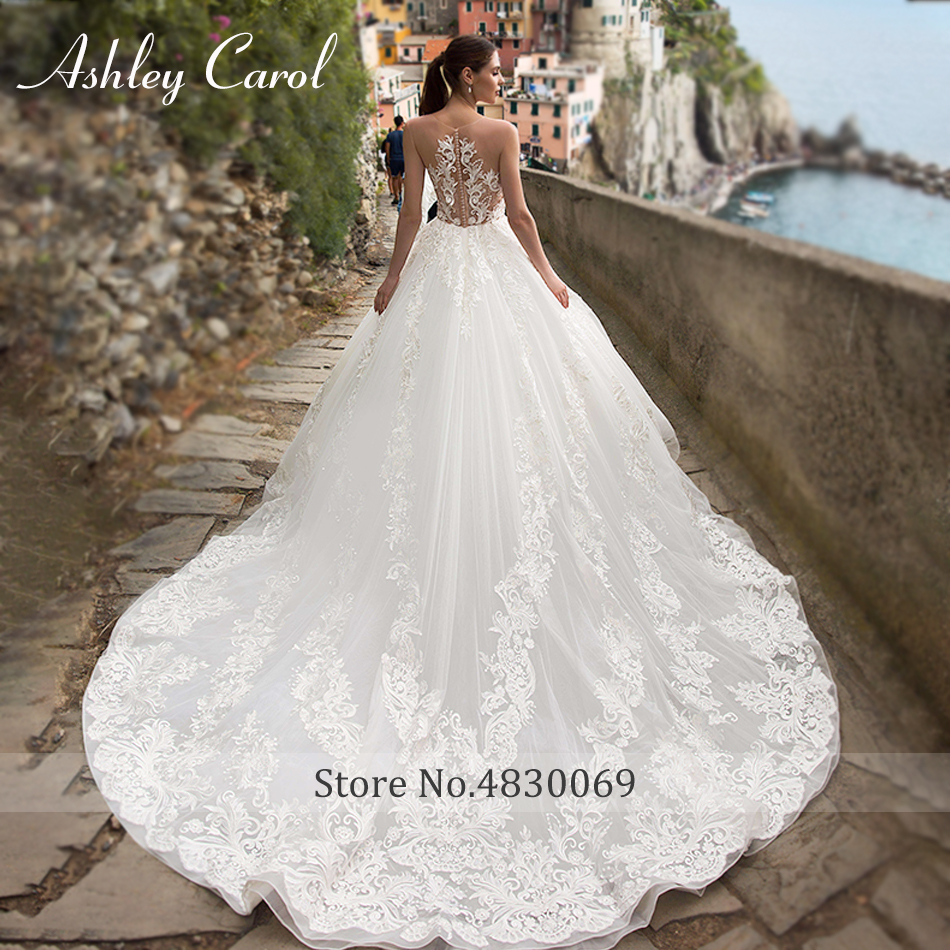 Ashley Carol A-Line Wedding Dress 2020 Elegant V-neck Lace Appliques Sleeveless Beach Bride Gowns Illusion Vestido De Noiva