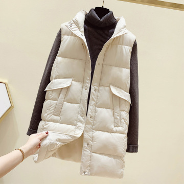 Women's down cotton vest 2021 new mid-length big pocket solid color waistcoat jacket Korean version of wild slim slim fashion