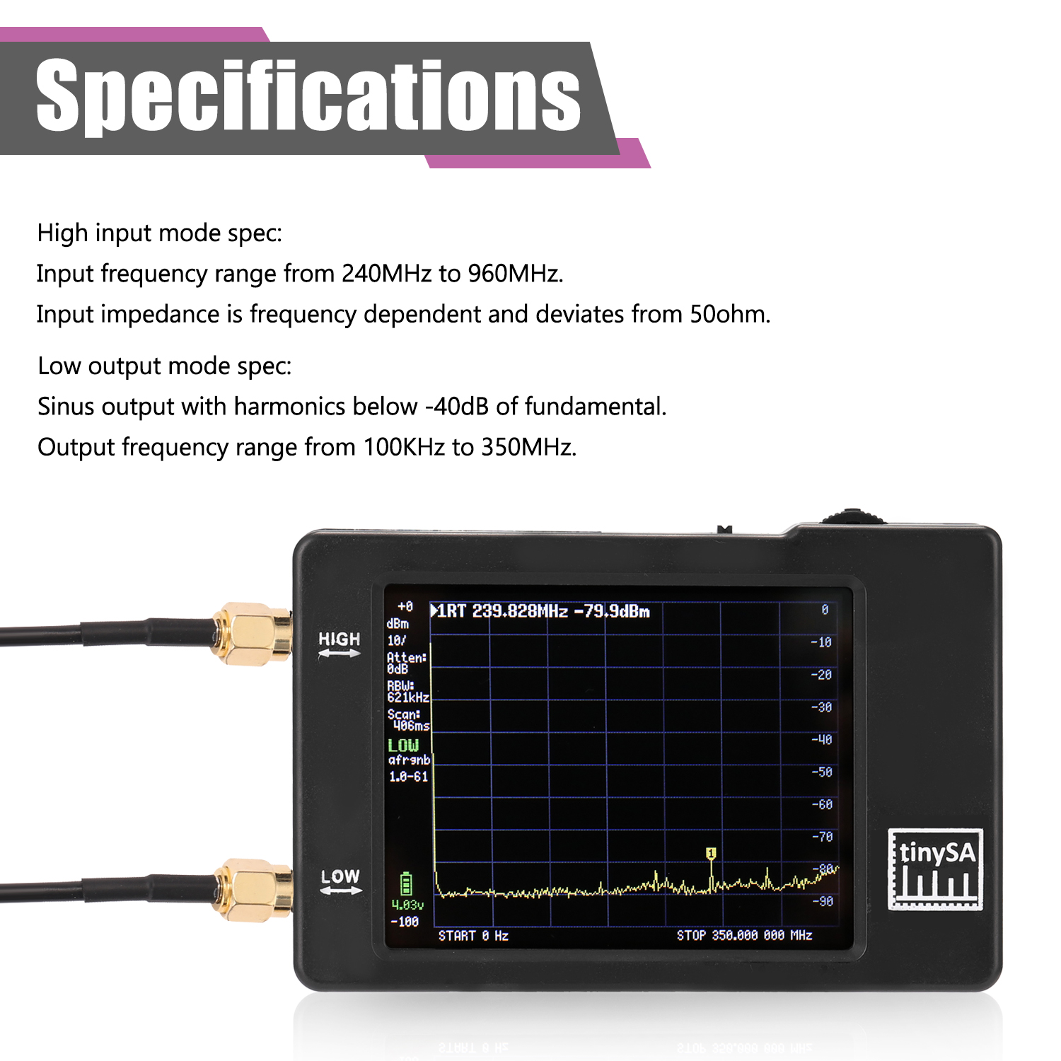 tinySA Handheld Two Inputs Tiny Spectrum Analyzer With 2.8 Inch Touching Display Screen 100KHz-350MHz Spectrum Analyzers