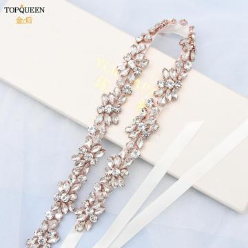 TOPQUEEN S437-RG Bride Wedding Belt Rose Gold Belt Jewelled Belt Rhinestone Belts Applique Party Belt Waist Belt for Women