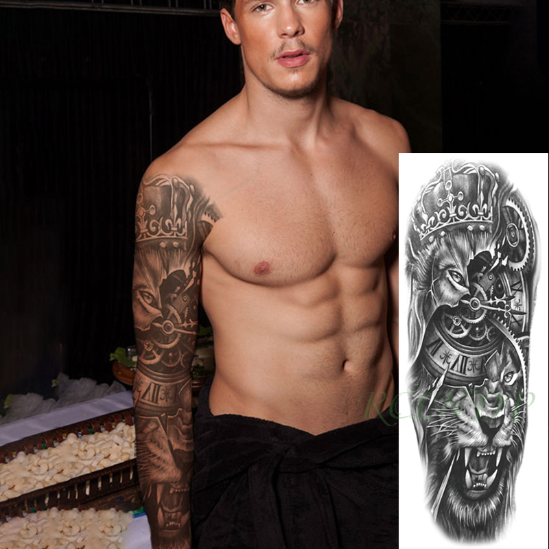 Waterproof Temporary Tattoo Sticker Crown Roaring Lion Clock Gear Wheel Full Arm Fake Tatto Flash Tatoo for Men Women