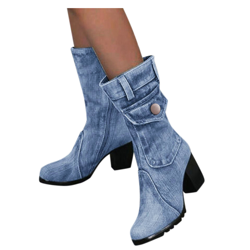 Denim boots for Women Mid-rise Rome Solid color Large Size Shoes woman Slip-On Chunky Med Heels Mid-calf Boots chaussures femme