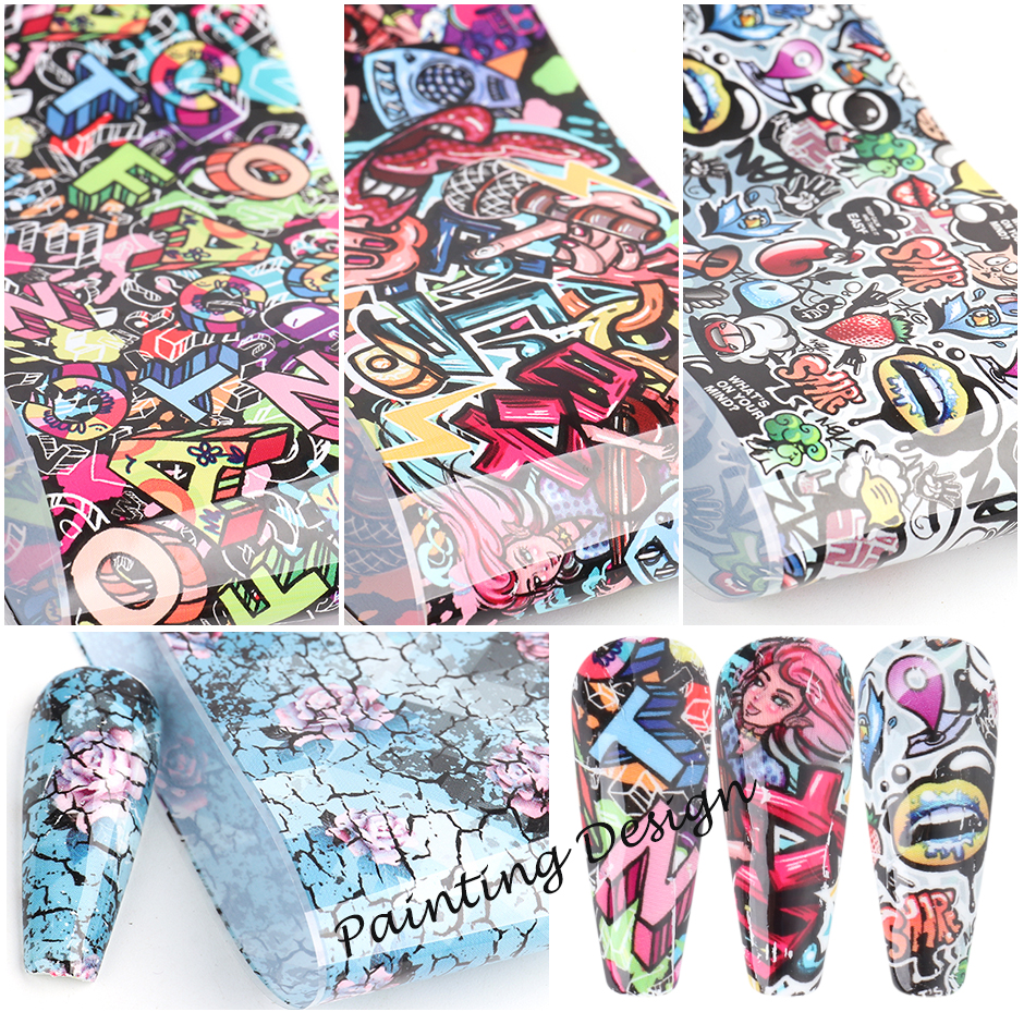 10pcs Colorful Scrawl Nail Stickers Nail Art Transfer Foil Cool Painting Flower Adhesive Wraps Decal Manicure Accessories CH4122