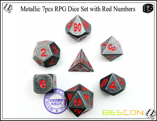 Metallic 7pcs RPG Dice Set with Red Numbers