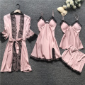 Women Lace Silk Satin Pajamas Sets Sleepwear 4 Pieces Nightwear Pyjama Spaghetti Strap Sleep Lounge Pijama Home Wear 2020