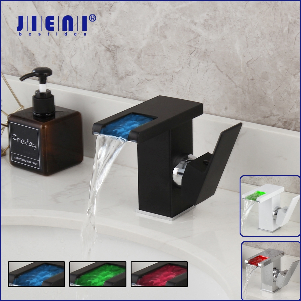 JIENI LED Waterfall Bathroom Basin Faucet Wash Sink Mixer Tap Faucet White & Black Deck Mount Solid Brass Water Power Basin Tap