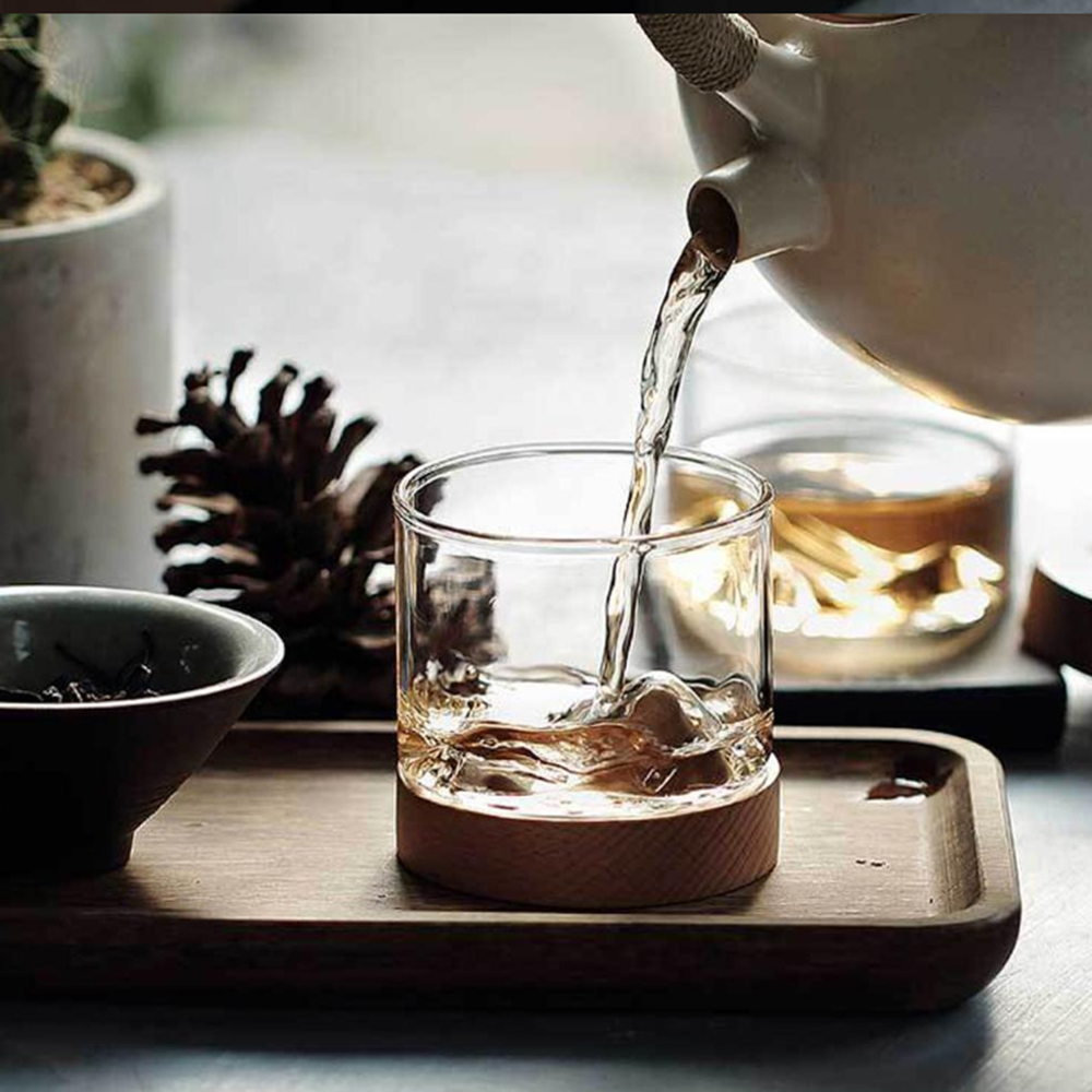 5oz Mountain Wine Glass mug with Wooden chinese tea mug Bottom Whiskey Glasses Japanese Household Tea Cup wood mug gift