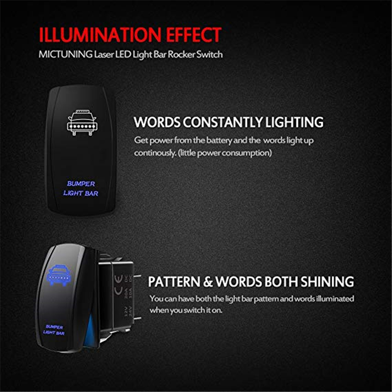 MICTUNING Universal 5 Pin 20A 12V Car SPST Backlit Exclusive Auto ON/OFF Rocker Toggle Switch W/ Blue LED Laser Bumper Light Bar