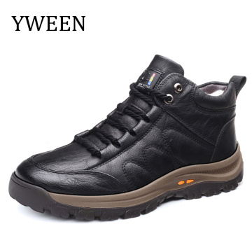 YWEEN Men Leather Boots Wool Fur Thick Composite Sole Winter Shoes Men Cowhide Leather Designer Outdoors Ankle Boots For Man
