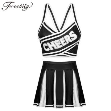 2Pcs Women Cheerleading Uniforms Outfit Elastic Striped Straps Crop Top with High Waist Pleated Skirt Adults Cheerleader Costume