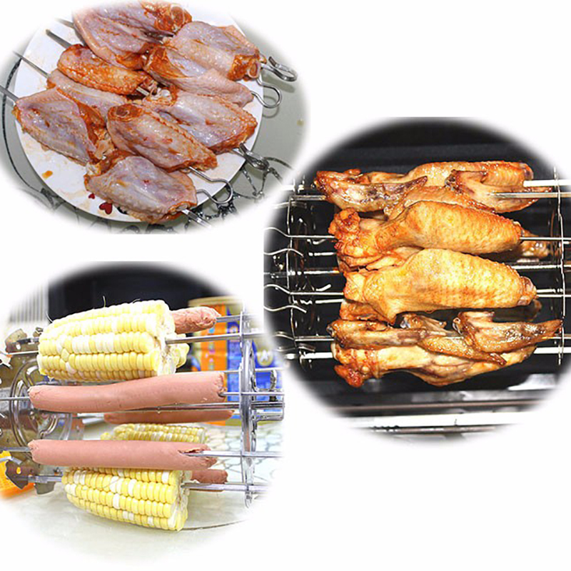Rotary Baking Chicken Wings Tools Food Grade 304 Stainless Steel Grill Roaster Drum BBQ Rotisserie Oven Skewers Roast Cage