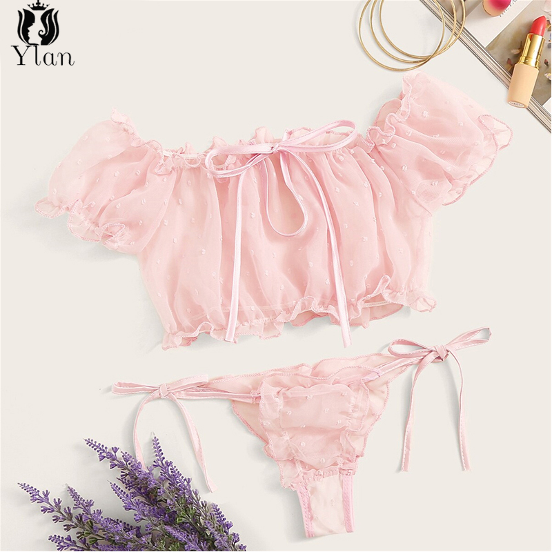 New Women's Lingerie Sexy Mesh Bra Set Off Shoulder Ruffle Underwear Suit Cute Dot Wireless Transparent Bralette Thong Intimates