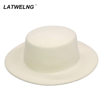 Wholesale White 100% Wool Fedora Hat For Women Flat Sun Hats Ladies Church Hats Elegant Wedding Hats Dropshipping