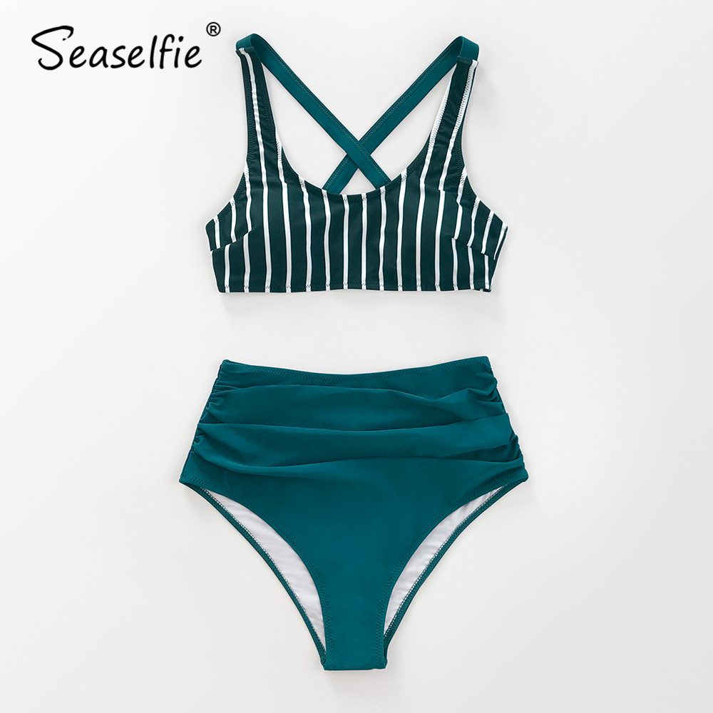 SEASELFIE Sexy Tank Top High Waisted Bikini Sets Swimwear Women Swimsuits Bathing Suit 2021 Dark Green Striped Bikinis Beachwear