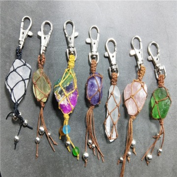 Irregular Handmade Wrap Stone Chakra Keychains Healing Energy Yoga Crystal Pendant for DIY Car Key Rings Chain Accessory Keyring