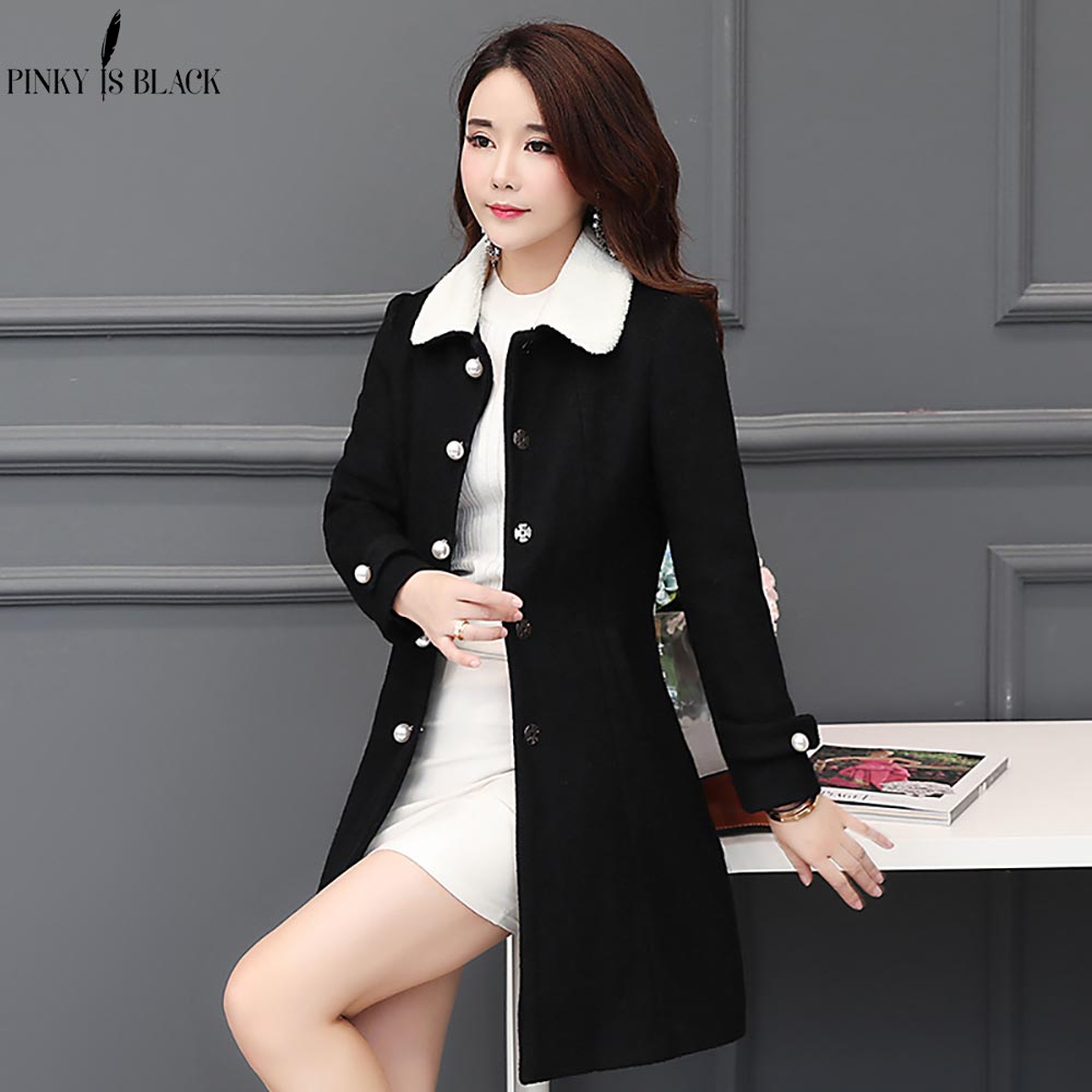 PinkyIsblack Turn Down Collar Long Wool Coat Elegant Winter Woman Wool Blend Coats Slim Type Female Pockets Warm Coat Outerwear