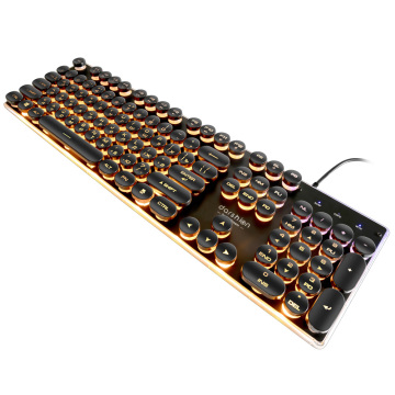 Steampunk Retro Gaming Keyboard Russian/English Layout Round Keycap Backlit USB Wired Glowing Metal Panel Crystal Border