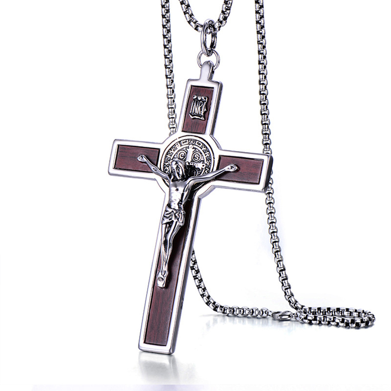 Big wide INRI Jesus Cross Crucifix Pendant Necklaces 316L Stainless Steel Link Chain St. Barbe Catholic Jewelry Father Gift