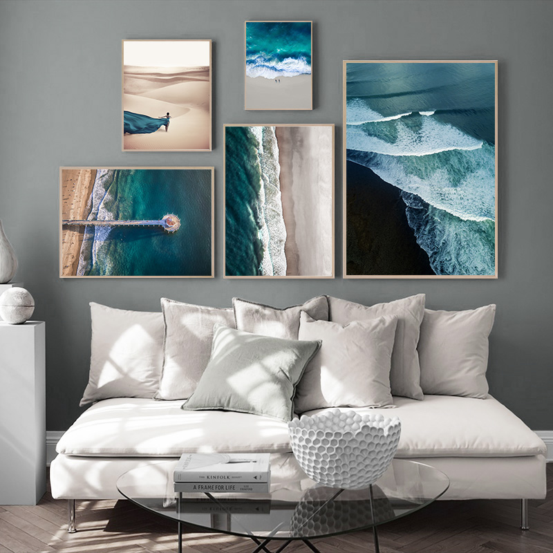 Beautiful Aerial View Ocean Waves Pier Wall Poster Noridc Art Canvas Print Nature Landscape Painting Seascape Decoration Picture