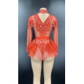 Red Silver Rhinestone Lace Long Sleeve Bodysuit Birthday Celebrate Prom Outfit Women Dancer Singer Performance Show Stage Wear