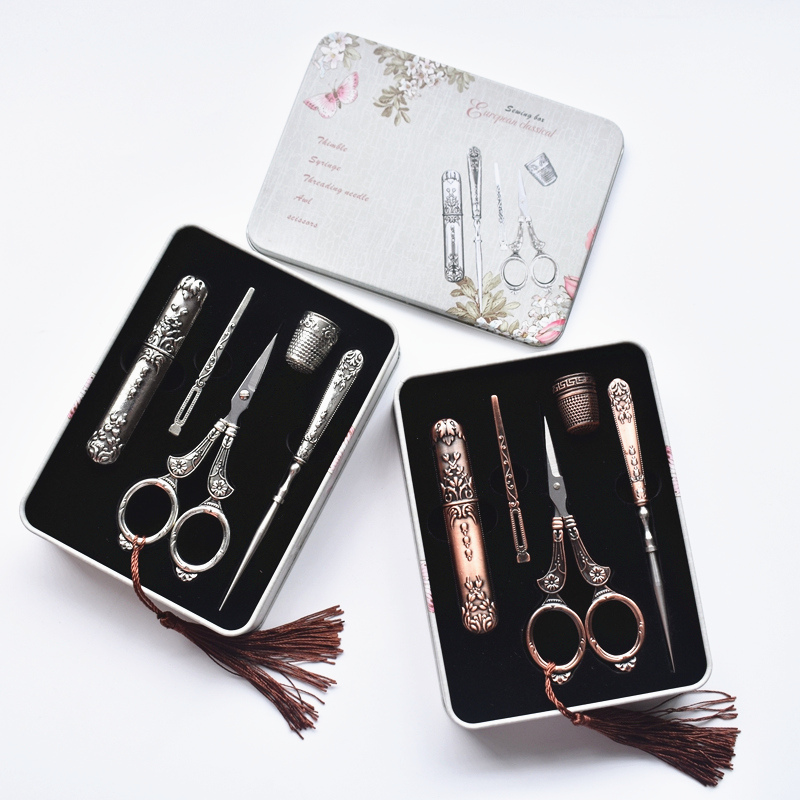 1 Set Retro Vintage Scissors Awl Threader Thimble Iron Box Cross Stitch Scissors Sewing Scissors Embroidery Scissors Thread Tool