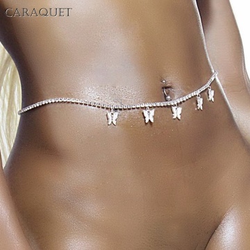 Caraquet Bling Rhinestone Tennis Waist Chain for Women Beach Charm Bikini Belly Chain Butterfly Waist Belt Chain Jewelry Gift