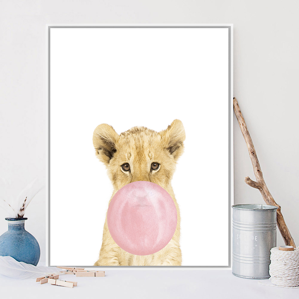 Pink Bubble Lion Woodland Animal Wall Art Canvas Print Nursery Poster Painting Decorative Picture Nordic Kids Bedroom Decoration