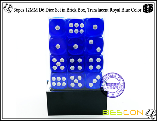36pcs 12MM D6 Dice Set in Brick Box, Translucent Royal Blue Color-2