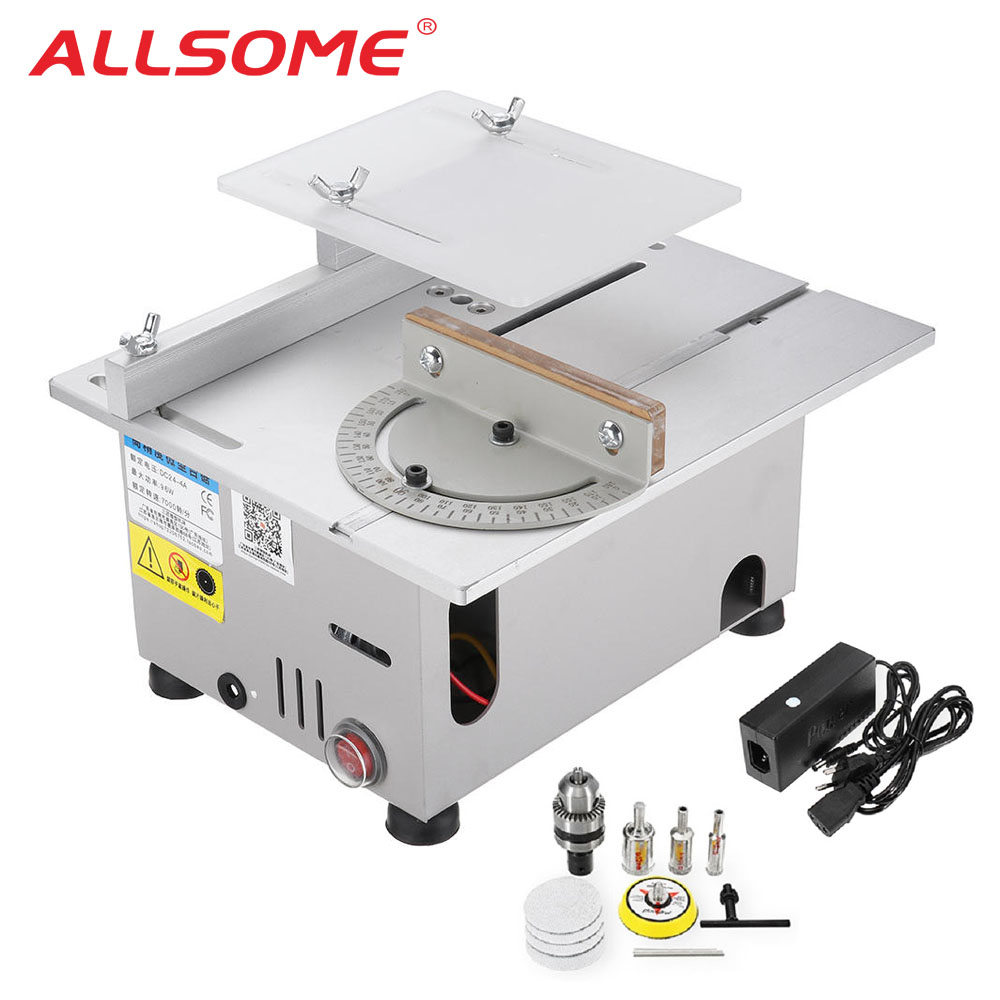 ALLSOME Mini Table Saw Handmade Woodworking Bench Saw DIY Hobby Model Crafts Cutting Tool with Power Supply HSS Circular Saw