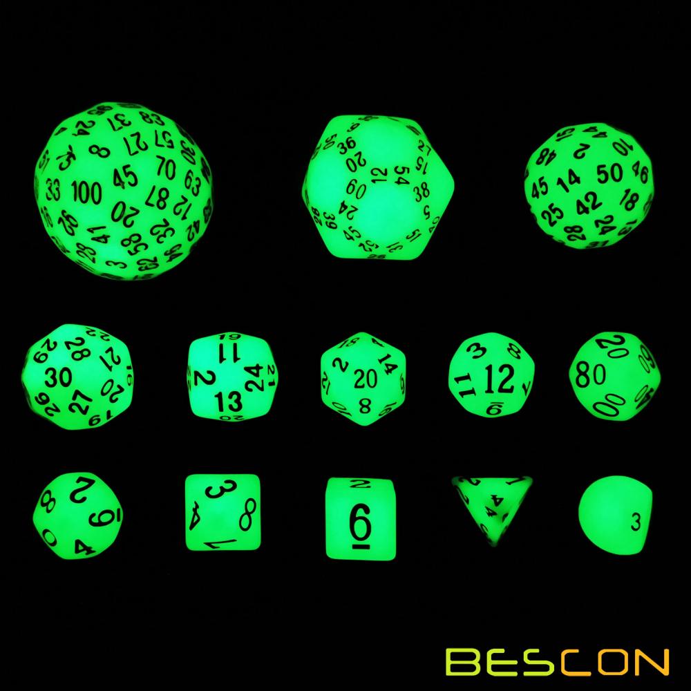 Bescon Super Glowing in Dark Complete Polyhedral RPG Dice Set 13pcs D3-D100, Luminous 100 Sides Dice set