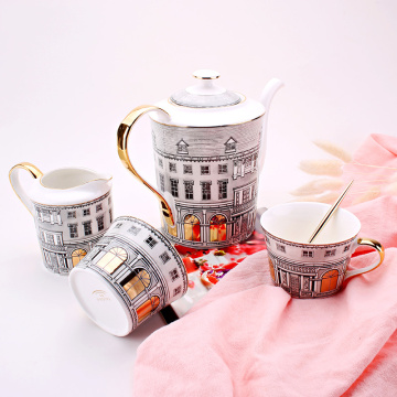 High Quality Bone China Coffee Cup Set Ceramic Sugar&Milk Pots Porcelain Tea Pot Swan Castle Drinkware Set Cup And Saucer Set