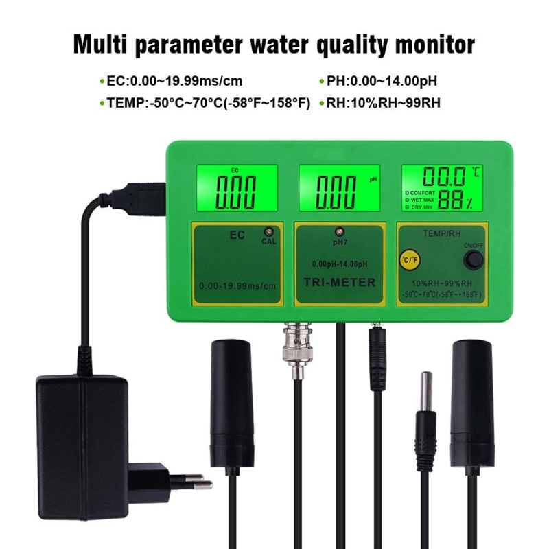 4 in 1 PH TEMP EC RH Water Quality Tester Monitor PH Meter Multi-parameter Water Meter for Pools Drinking Water Aquariums