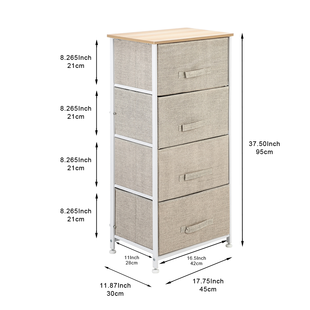 4-Tier Dresser Nightstand End Table Tower Organizer 4 Easy Pull Fabric Drawer Metal Frame Wood Top Living Room Chest 3 Color