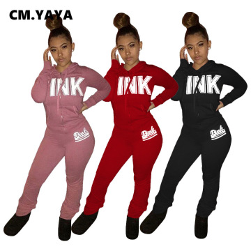 CM.YAYA Sportwear Letter Print Sweatsuit Women's Set Hoodies Tops Stacked Pants Set Active Tracksuit Two Piece Fitness Outfit