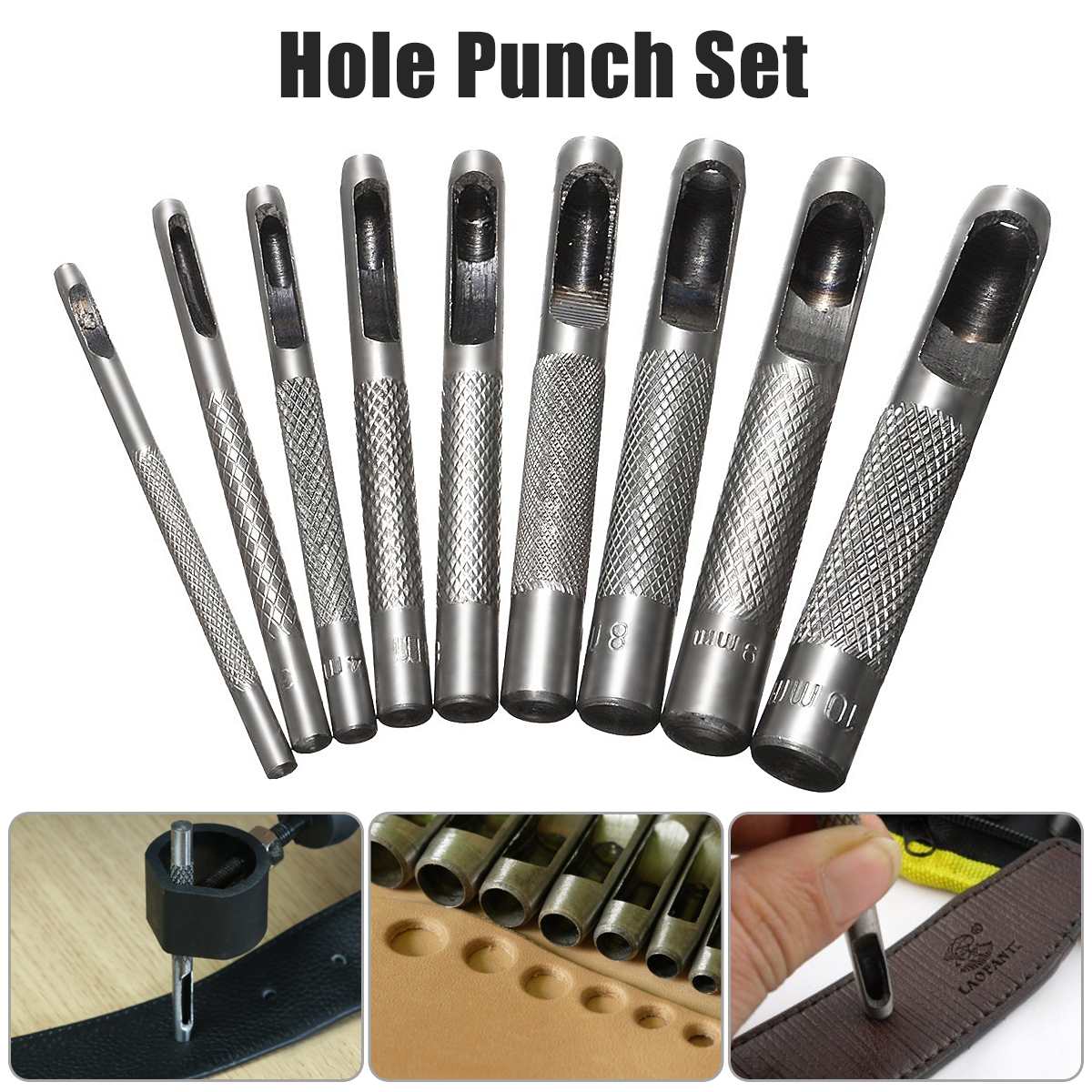 New 9pcs Metal Hollow Hole Metal Leather Punch Set Belt Cutter Craft Hollow Punch PuncherDIY Professional DIY Tool 2mm-10mm