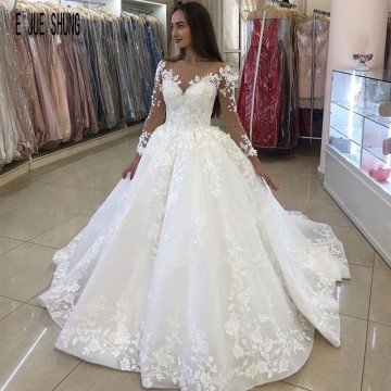 E JUE SHUNG Elegant Ball Gown Organza Wedding Dresses Scoop Neck Long Sleeves Lace Up Back Luxury Bridal Gowns vestido de novia