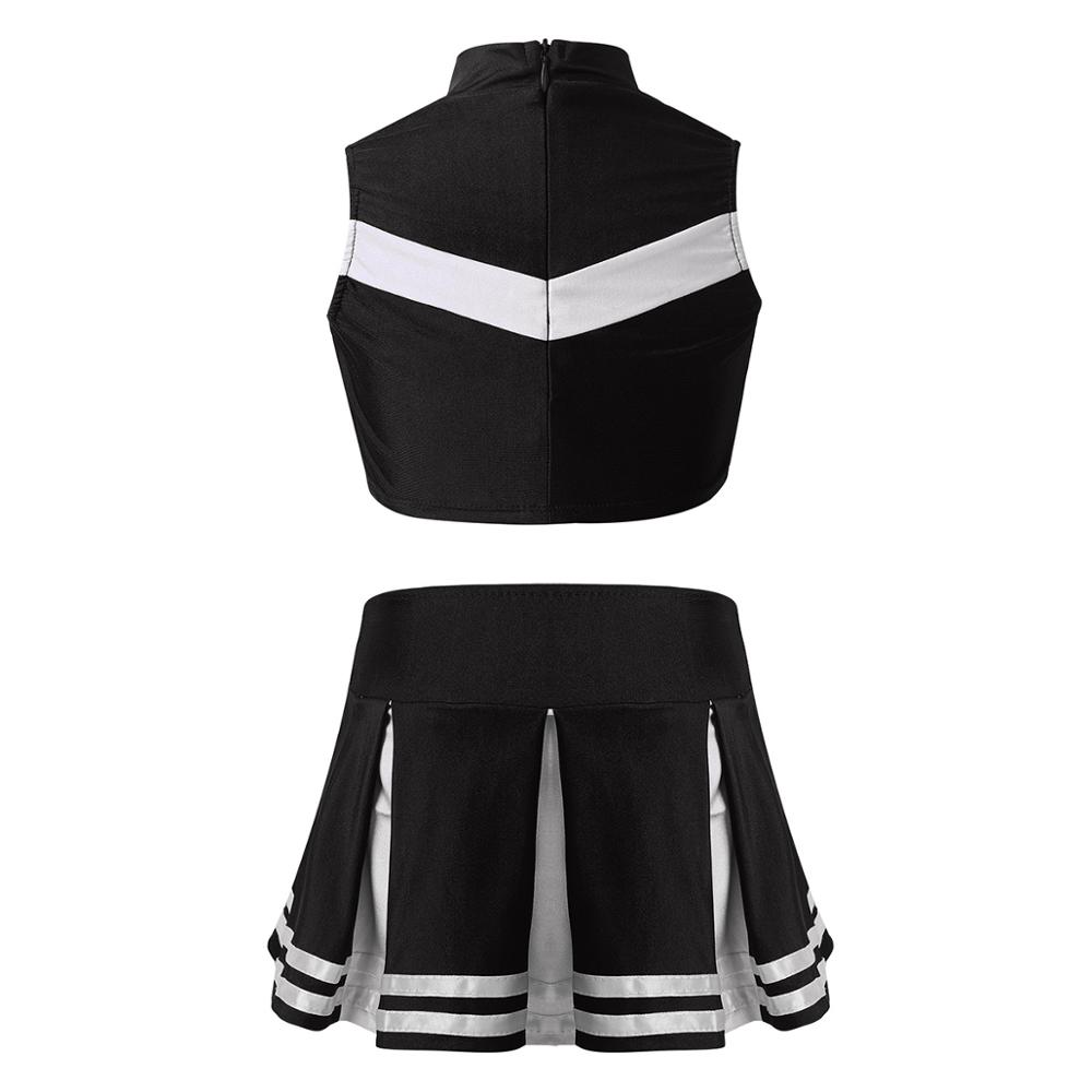 Kids Teens Girls Cosplay Cheerleading Uniforms Cheerleader Costume Outfits Sleeveless Zippered Crop Top with Pleated Skirt Set