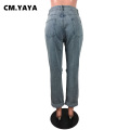 CM.YAYA Women Ribbed Hole Straight Jeans for Streetwear Elegant Denim Pants