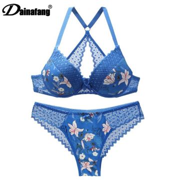 New 2020 sexy 3/4 cup back closure lace women bra set thong hollow out underwear intimante lingerie