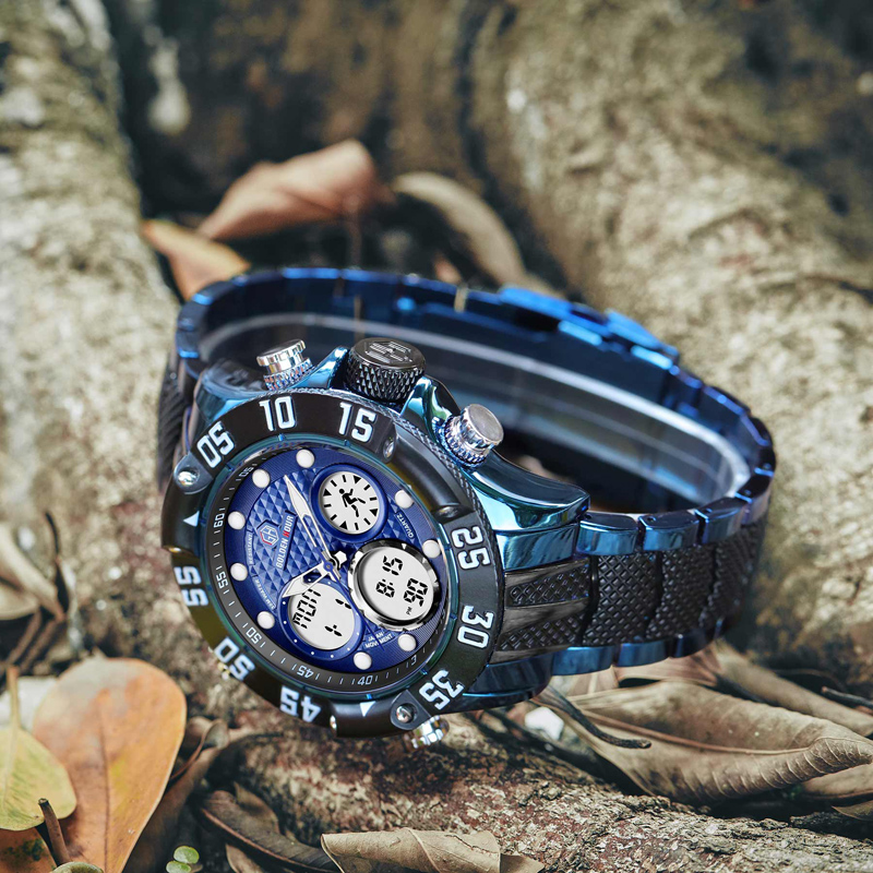 GOLDENHOUR Luxury Brand Blue Business Army Military Sport Watches Men Steel Digital Quartz Analog Watch Clock Relogios Masculino