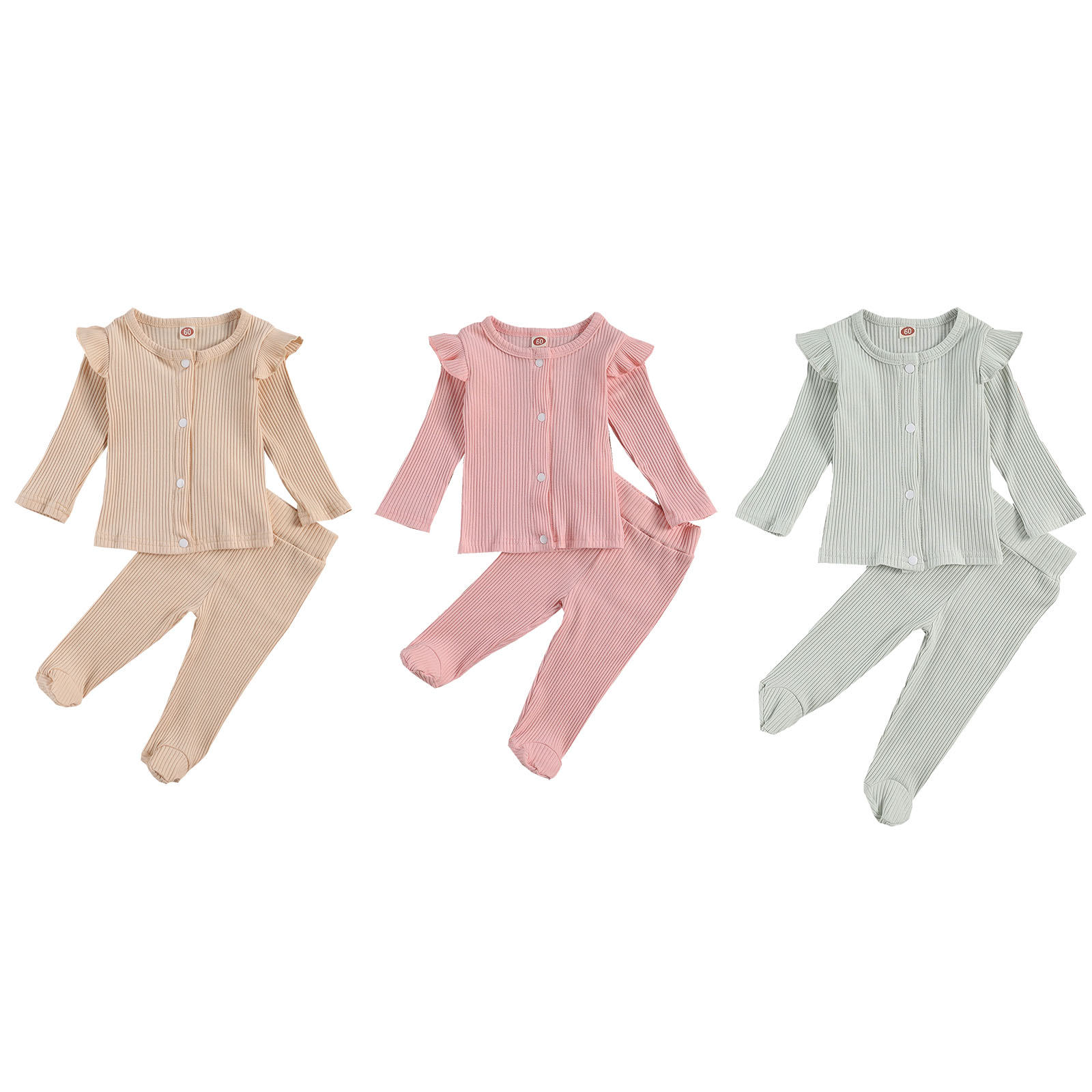 Infant Newborn Baby Girl Rib Solid 2Pcs Top Jogger Pants Suit Cotton Ruffle Shoulder Long Sleeve Shirt Warm Foot Cover Trousers
