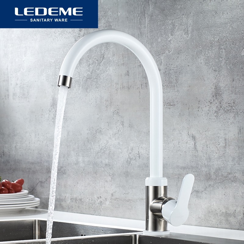 LEDEME Kitchen Faucet Stainless Steel Deck Mounted Kitchen Sink Mixer 360 Degree Rotation Single Hole White Faucets L74105W