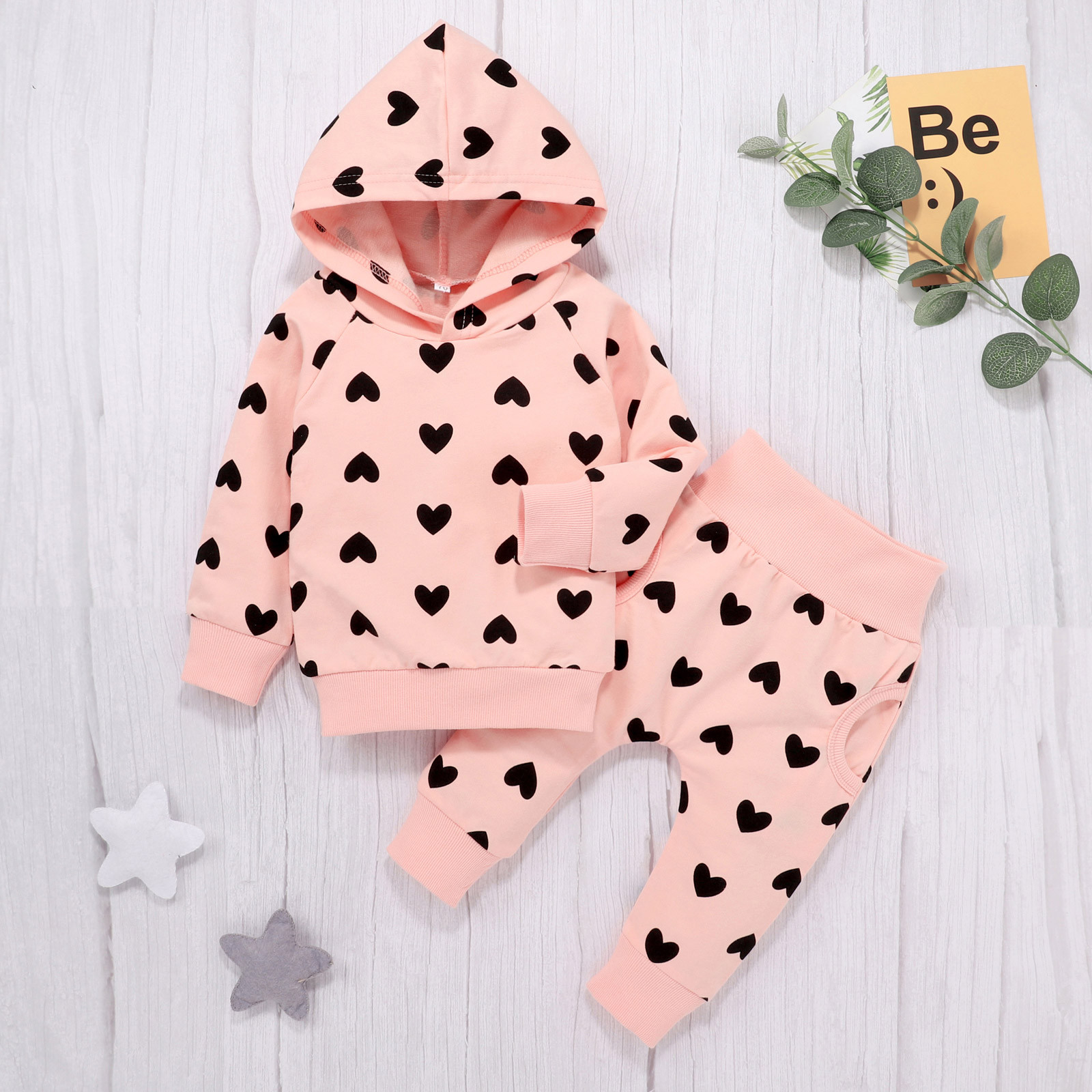 #50 2021 Vetement Heart Baby Suit Newborn Infant Baby Girl Heart Printing Hooded Coat Outwear+pants Outfits Vetement Baby Garcon