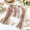 Women elegant floral print short design long sleeve back zipper blouse vintage female flower printing chiffon tops 2020 spring