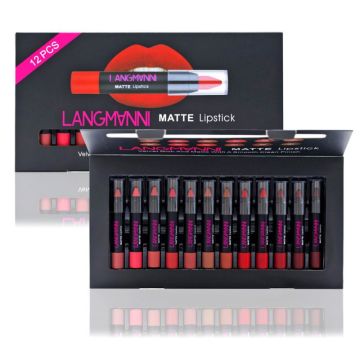 LANGMANNI 12pcs / lot Matte Lipstick Waterproof Velvet Lip Stick Pen Red Tint Sexy Lip Makeup Cosmetic Kit