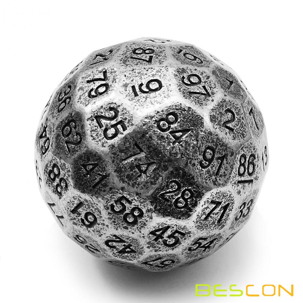 Bescon Solid Metal 100 Sided Dice, Game Dice D100,Giant Polyhedral Metal 100 Sides Dice 50MM in Diameter (1.97in),Ancient Silver